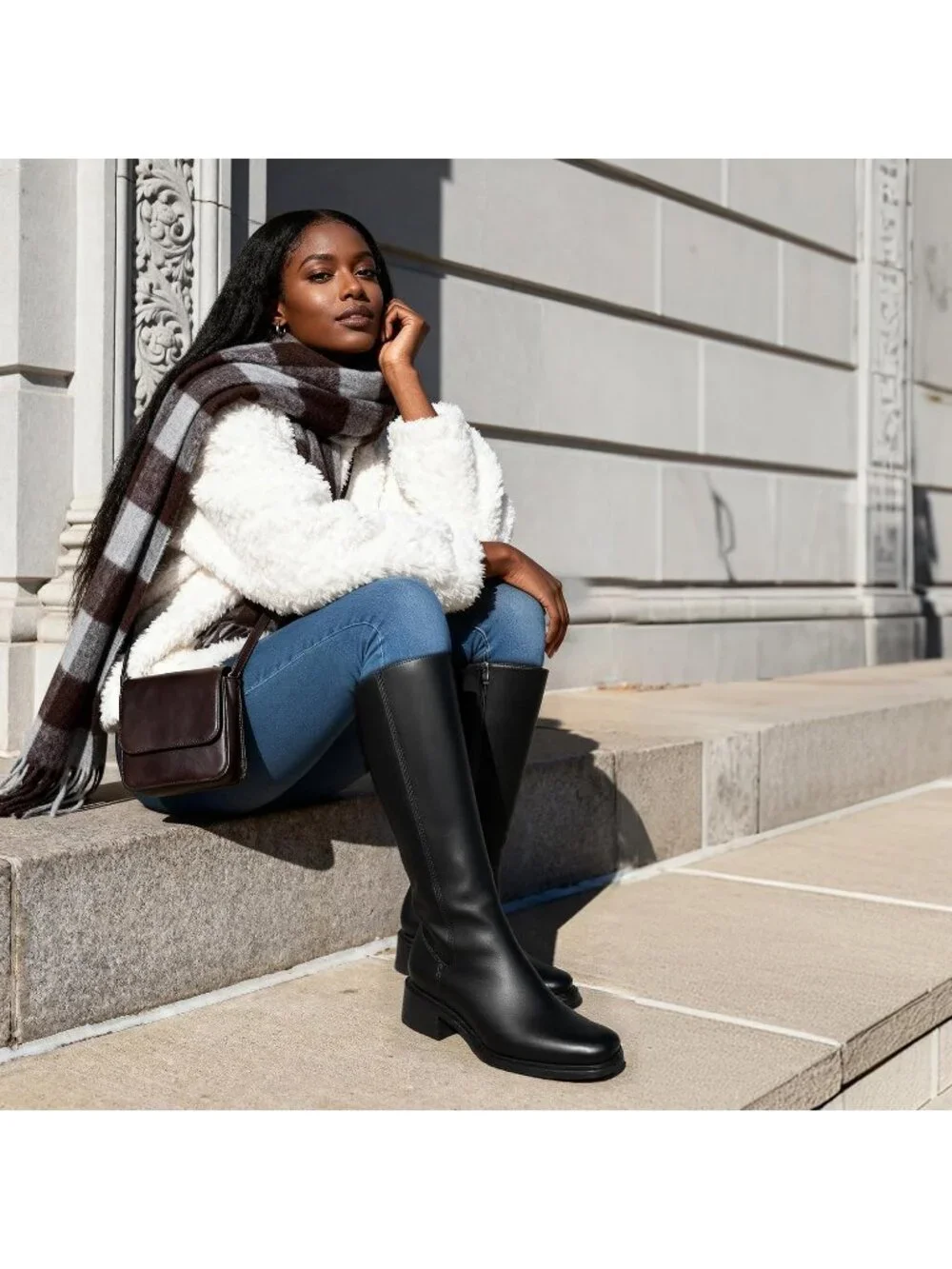 Women's Black Faux Leather Square Toe Knee High Stylish With Side Zipper Boots